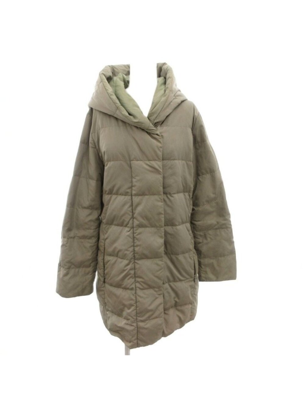 Max Mara Down Jacket Coat Hood Long Snap Button 42 Khaki
